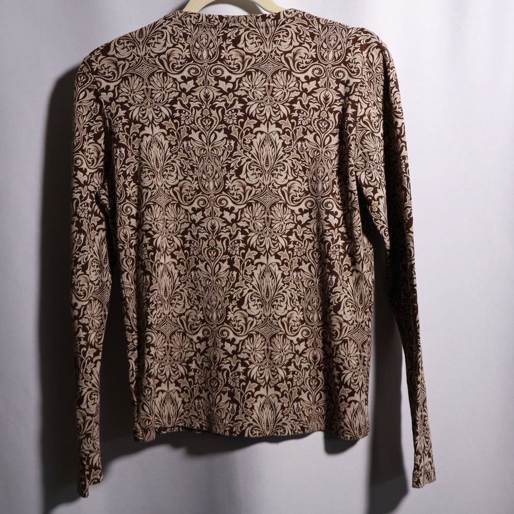 Y2K Womens Brown Damask Floral Cotton Long Sleeve T Shirt Boho Casual 00s Vibe M - Picture 2 of 8